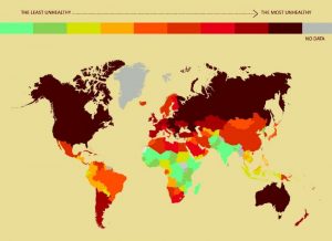 Map showing the health status of 179 countries. Credit - Clinic Compare